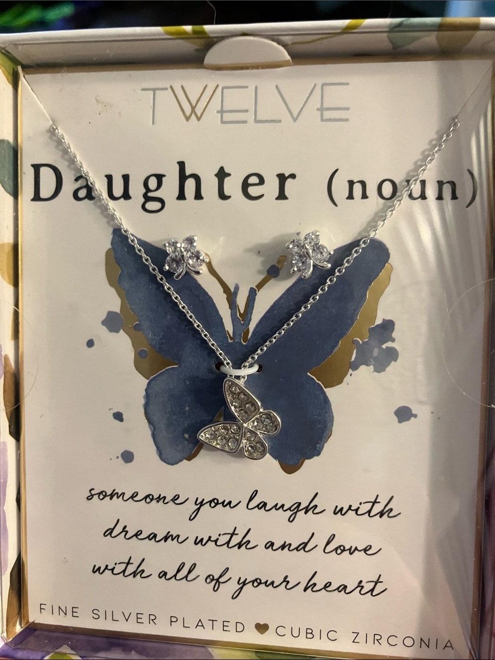 Silver-Plated cubic zirconia Butterfly Necklace & Earrings - Daughter Gift